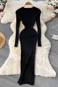 Women Long Sleeve Knitted Dress O Neck Slim Elastic Oversized Bodycon Sweater Dress