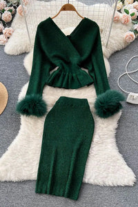 Women Dress Set Elegant Shining Knitted Ruffled Sweater and Skinny High Waist Skirts Two Piece Suits