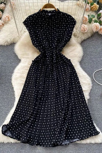 Women Dress Elegant Polka Dot Print Sleeveless High Waist Long Pleated Dress