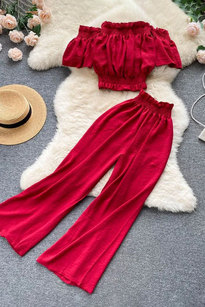 Fashion Beach Two Piece Set Women Off Shoulder Slim Waist Crop Tops + Casual Loose Wide Leg Pants Lady Holiday Suits