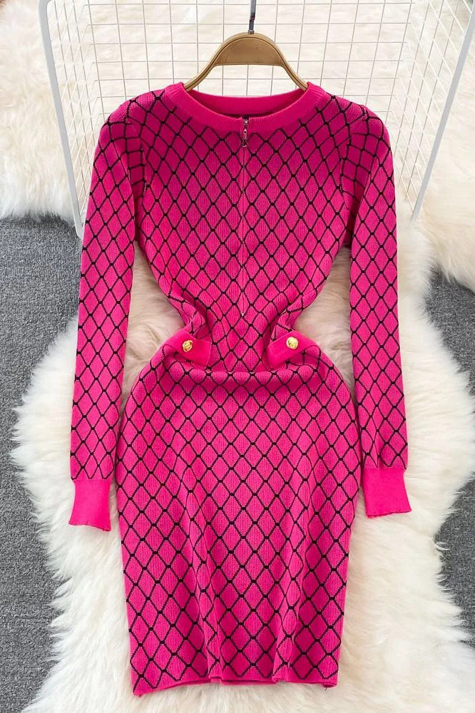 Women Elegant Geometric Knitted Sweater Dress Lady Wrap Hips Dress