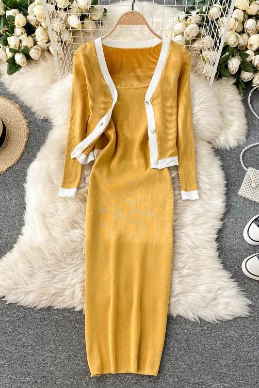 Women Two Piece Suits Long Sleeve Knitted Cardigans And Slim Elastic Spaghetti Strap Dress Elegant Office Sets