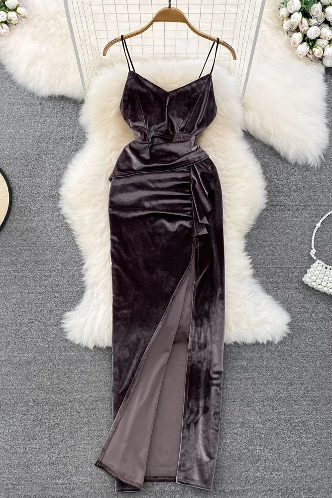 Elegant Velvet Long Dress Retro High Waist Ruffles Split Wrap Hips Bod TOP SHOW Elegant Velvet Long Dress Retro High Waist Ruffles Split Wrap Hips Bod TOP SHOW