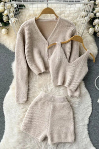 Fashion Three Piece Women Shorts Sets Crop Tops + Cardigans + Shorts Female Knitted Suit Three-Piece