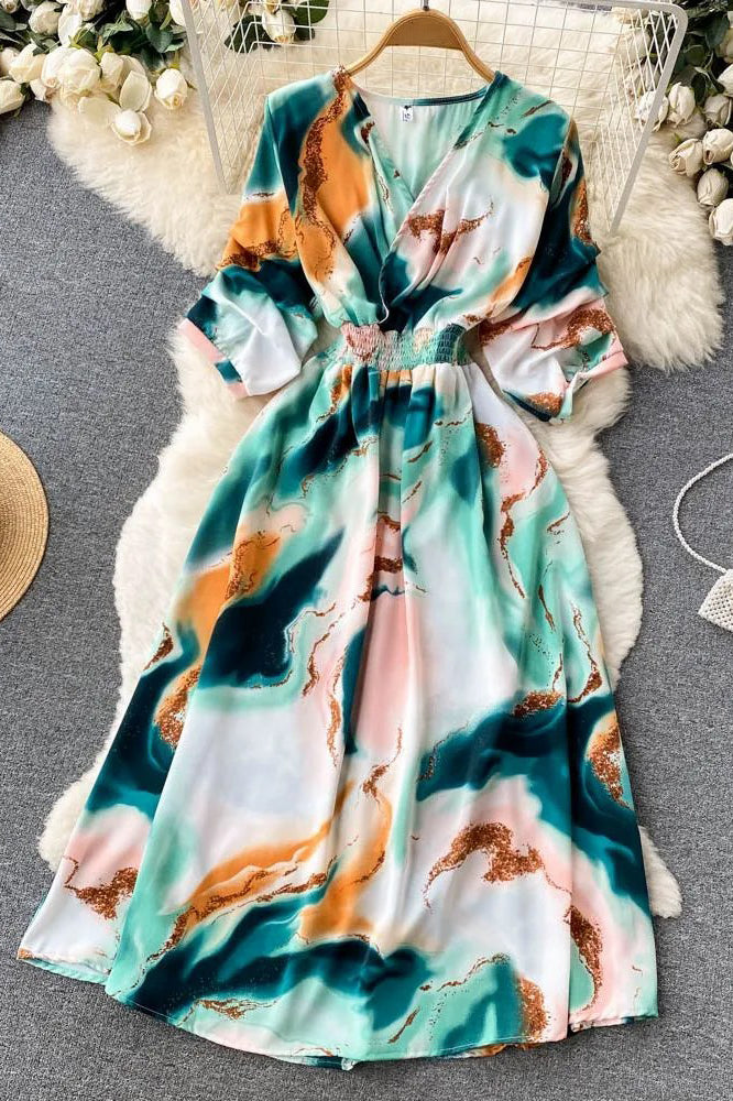 Women Dress Fashion Print Slim Waist Long Dress Vacation Beach Robe Dress