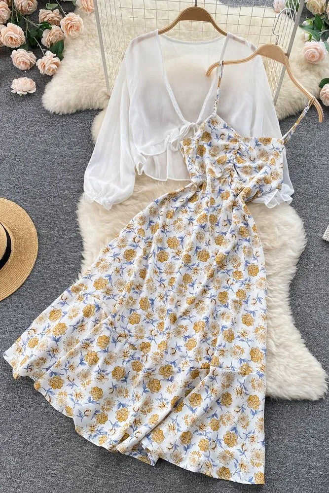Women Dress Set Holiday Floral Strap Long Dress+ Sun Protection Shawl Beach Tops Two-Piece