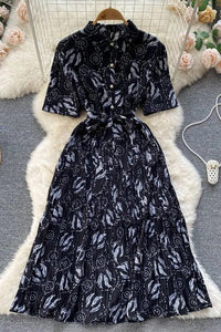 Elegant Dress Women Fashion Floral Print Pleated Long Dress