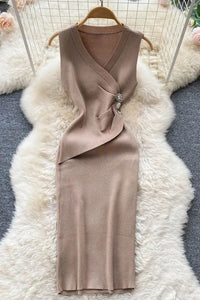 Women Dress Elegant Slim Waist Buttons Design Knee-length Knit Dress