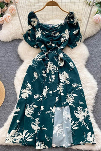 Women Dress Fashion Folds V-neck Floral Print Slit Long Dress Elegant Puff Sleeve Vacation Party Dress