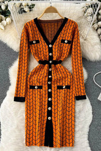 Women Dress Fashion V-neck Buttons Split Knitted Sweater Dress