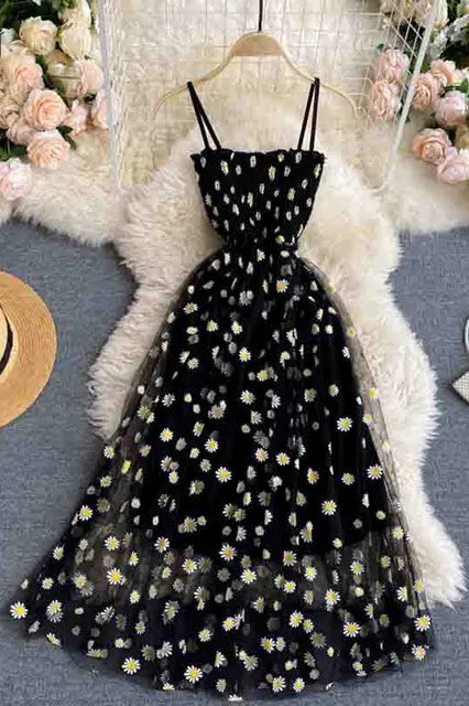 Fashion Daisy Flower Print Mesh Dress Two Layers Strap Vacation Midi Dress Beach Vestidos Dress