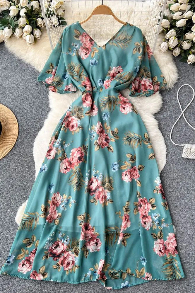 Women Dress Fashion Romantic Floral Print Long Chiffon Dress TOP SHOW Women Dress Fashion Romantic Floral Print Long Chiffon Dress TOP SHOW