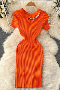 Fashion Women Hollow Out Elastic Mini Dress Chains O-neck Knitted Dress