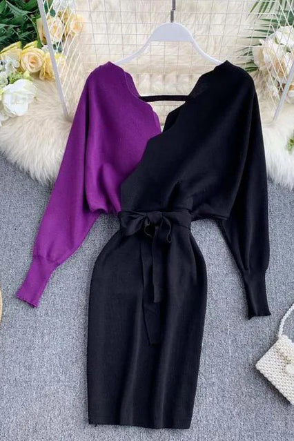 Elegant Sashes V Neck Knit Dress Women Backless Long Sleeve Sweater Dress