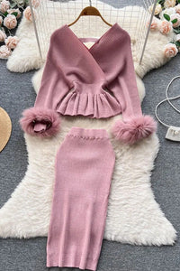 Women Dress Set Elegant Shining Knitted Ruffled Sweater and Skinny High Waist Skirts Two Piece Suits