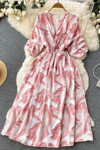 Women Dress Fashion Print Slim Waist Long Dress Vacation Beach Robe Dress