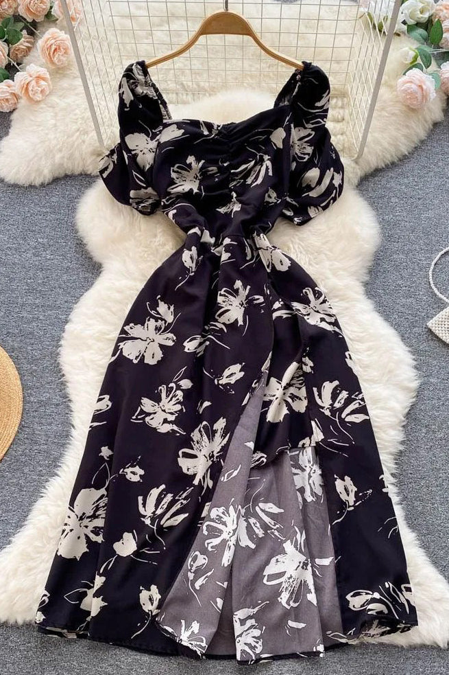 Women Dress Fashion Folds V-neck Floral Print Slit Long Dress Elegant Puff Sleeve Vacation Party Dress