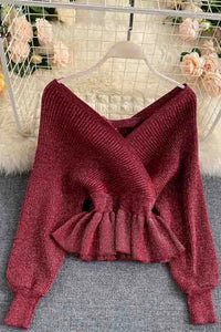 Elegant V-neck Ruffled Knitted Pullover Sweater Women Tops Shirt