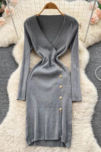 Lady V-neck Buttons Split Elegant Dress for Women Long Sleeve Knitted Sweater Dress