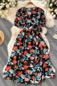 Woman Casual V-neck Sash Bandage Wrap Dress Print Beach Vacation Dress