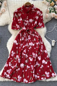 Elegant Dress Women Fashion Floral Print Pleated Long Dress