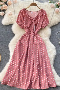 Women Print Polka Dot Dress Retro Puff Sleeve V-neck Elegant Dress