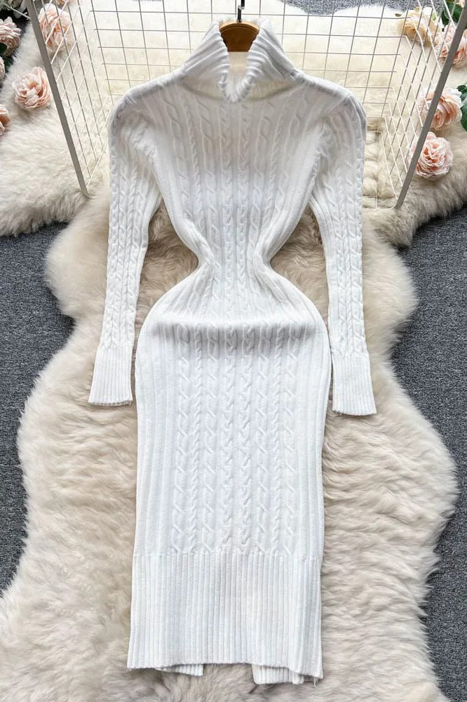Women Turtleneck Twist Knitted Bodycon Dress Fashion Wrap Hips Dress