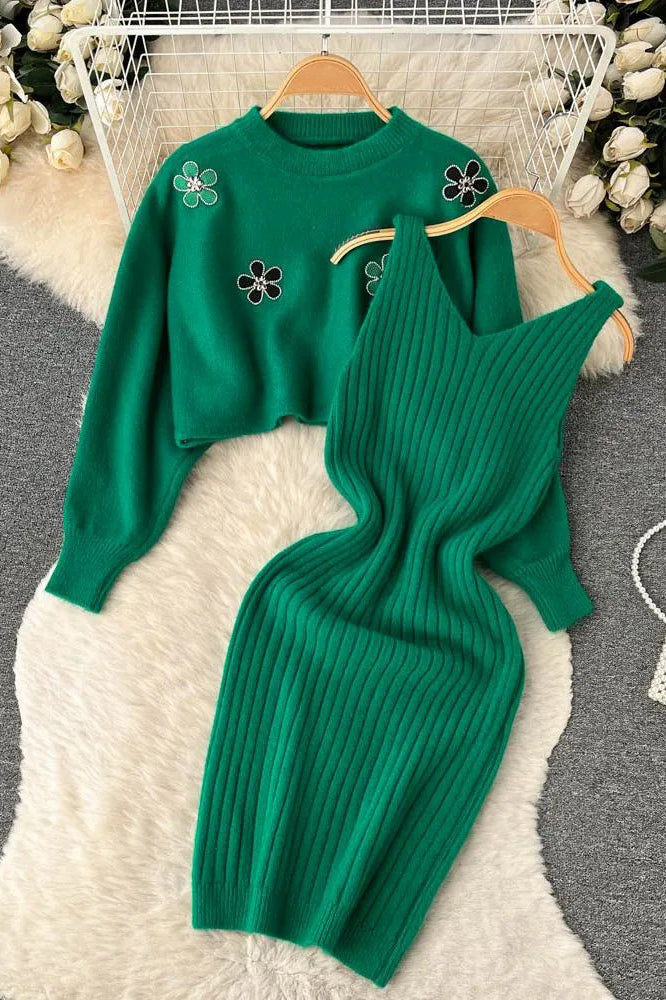Elegant Women Dress Two Piece Fashion Flower Embroidery Pullover Sweaters + Knitted Mini Dress Suits