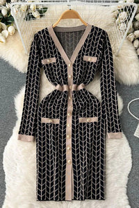 Women Dress Fashion V-neck Buttons Split Knitted Sweater Dress