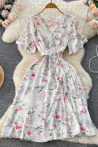 Women Dress Fashion Romantic Floral Print Chiffon Dress With Belt Party Dress