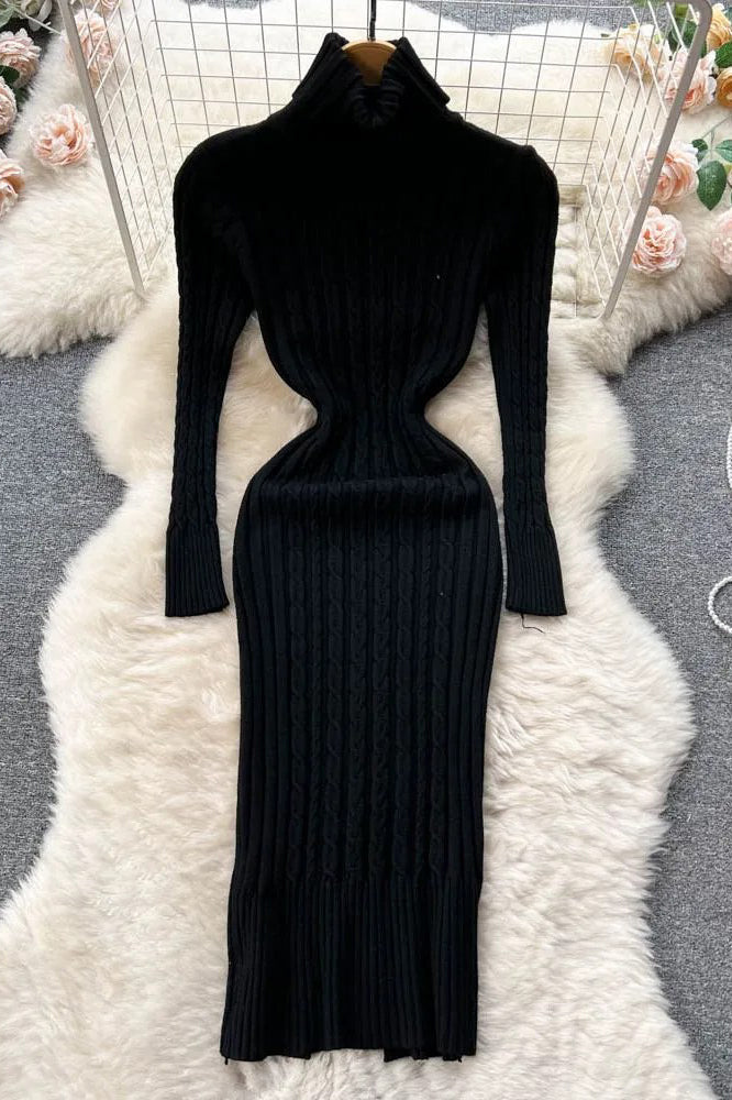 Women Turtleneck Twist Knitted Bodycon Dress Fashion Wrap Hips Dress