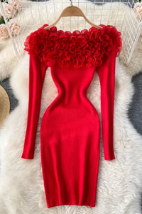 Romantic Women 3D Flowers Bodycon Party Dress Elegant Off Shoulders Long Sleeve Knitted Dress