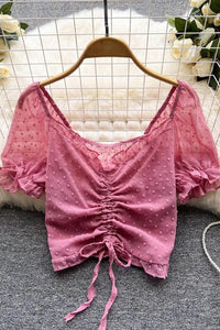 Fashion See Through Breathable Tops Drawstring Ruched Short Women Blouses