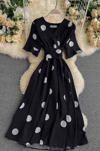 Big Polka Dot Print V Neck Bandage Dress Casual Midi Party Dress Women Elegant Big Swing Dress