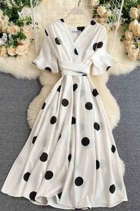 Big Polka Dot Print V Neck Bandage Dress Casual Midi Party Dress Women Elegant Big Swing Dress