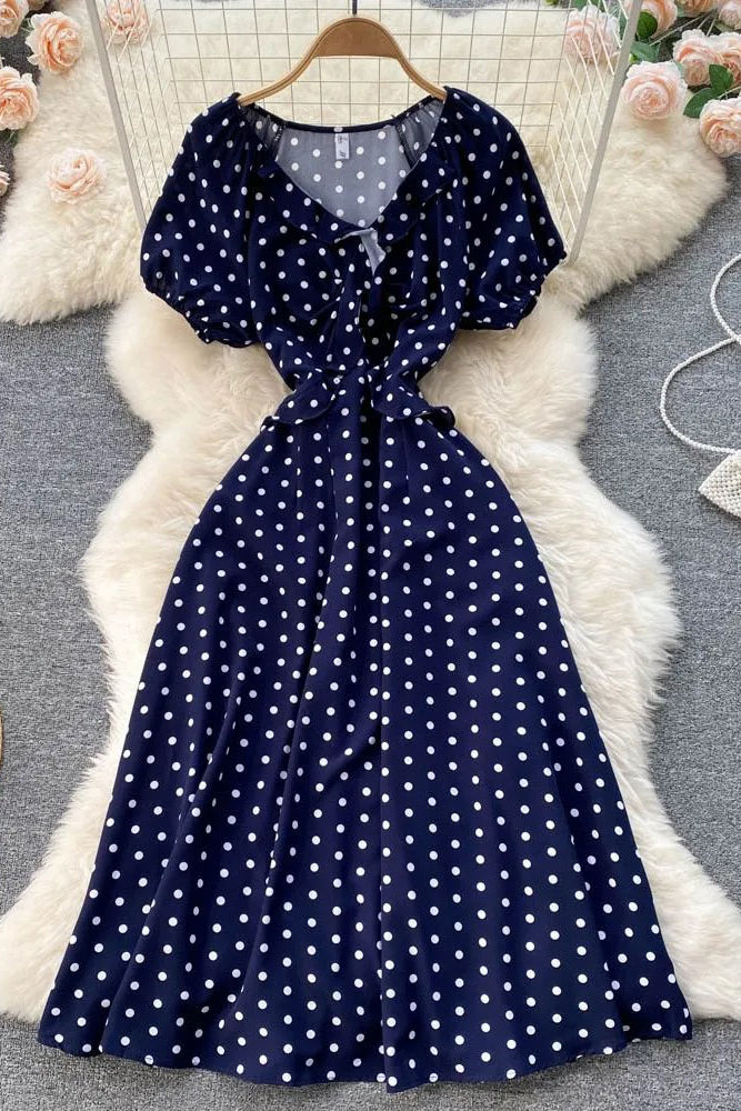 Women Print Polka Dot Dress Retro Puff Sleeve V-neck Elegant Dress