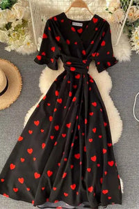 Romantic Heart Print Dress Women V Neck High Waist Long Bandage Dress Ladies Fashion Party Dresses