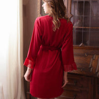 Women Fashion 2 Pieces Pajamas Set Lace Trim Night-robe Silky Satin Bridesmaid Kimono Bathrobe Rayon Sleepwear