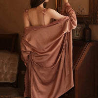 Women Fashion 2 Pieces Pajamas Sets Faux Silk Pajamas Sleepwear Sets Embroidery Lace Bath Gown