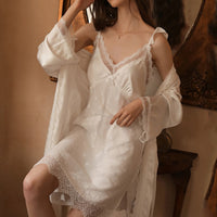 Women Fashion 2 Pieces Pajamas Sets Faux Silk Pajamas Sleepwear Sets Embroidery Lace Bath Gown