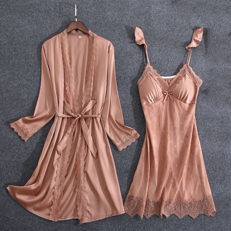 Women Fashion 2 Pieces Pajamas Sets Faux Silk Pajamas Sleepwear Sets Embroidery Lace Bath Gown