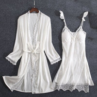 Women Fashion 2 Pieces Pajamas Sets Faux Silk Pajamas Sleepwear Sets Embroidery Lace Bath Gown