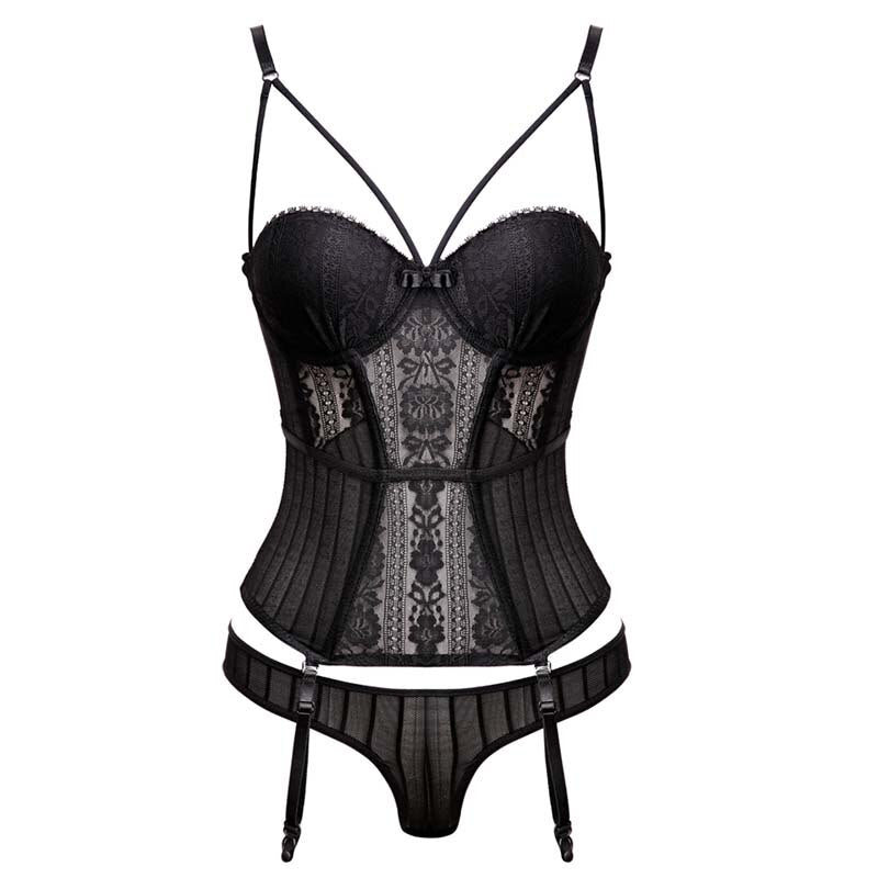 Women Fashion Gothic Corset Bustier With Cup Girdle Set With Straps Transparent Underwear Lingerie Corsets With G-String
