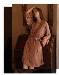 Women Fashion 2 Pieces Pajamas Sets Faux Silk Pajamas Sleepwear Sets Embroidery Lace Bath Gown