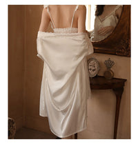 Women Fashion 2 Pieces Pajamas Sets Faux Silk Pajamas Sleepwear Sets Embroidery Lace Bath Gown