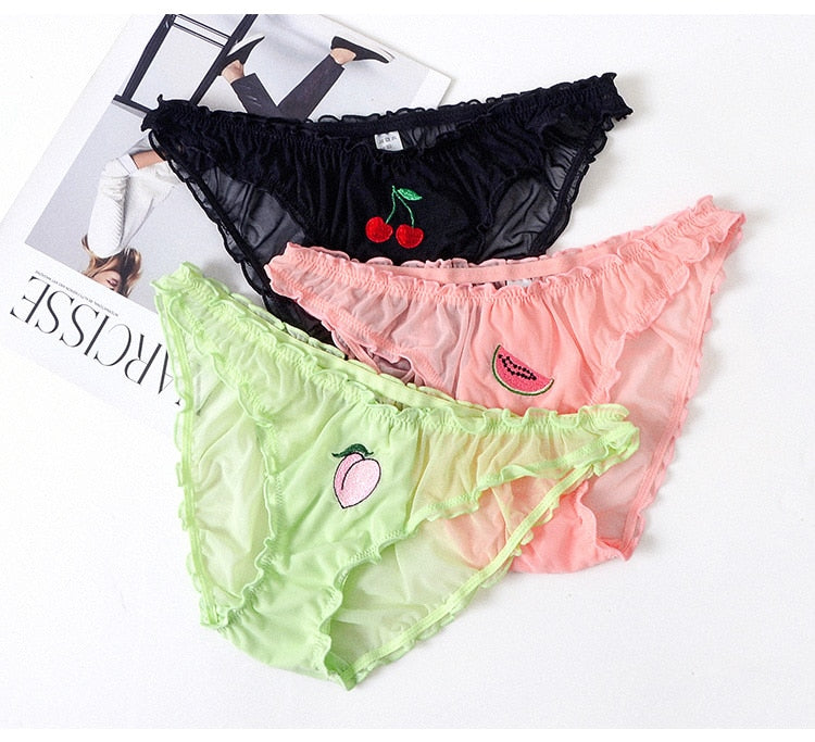 Women Fashion 3Pcs/Lot Lace Lingerie Temptation Low-waist Panties Fruit Ins Embroidery Transparent Briefs Seamless Underwear